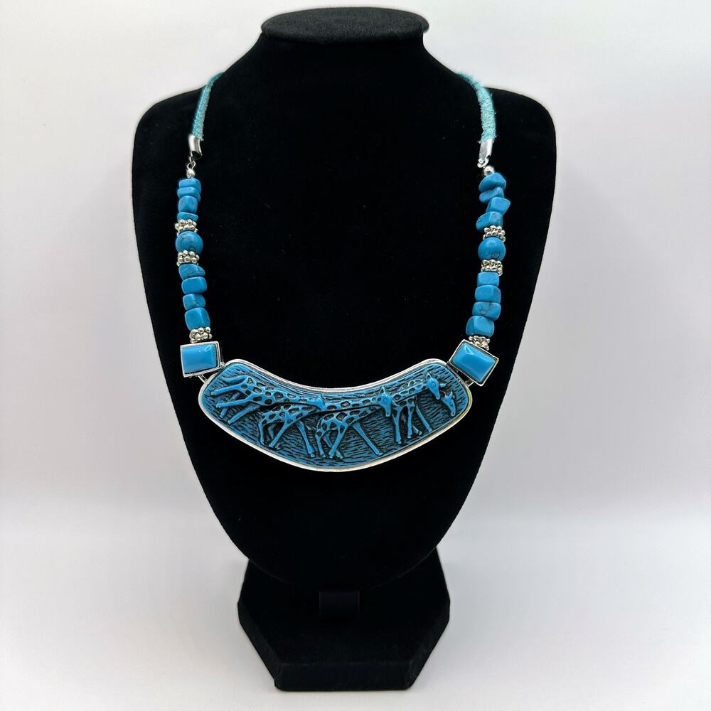 JS Signed Faux Carved Turquoise Giraffe Silver Tone Necklace Tribal Blue Leather